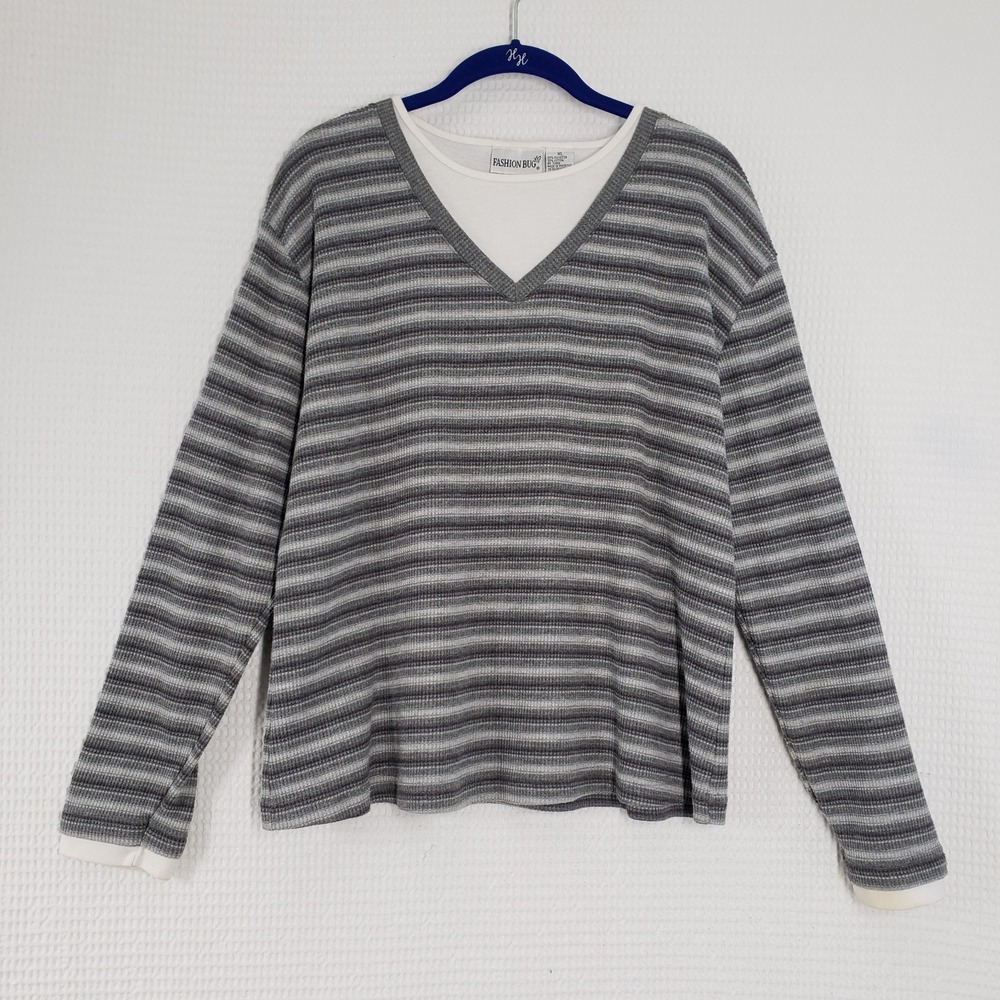Vintage Fashion Bug Ribbed Long Sleeve Top Womens XL Gray Layered Striped Grunge